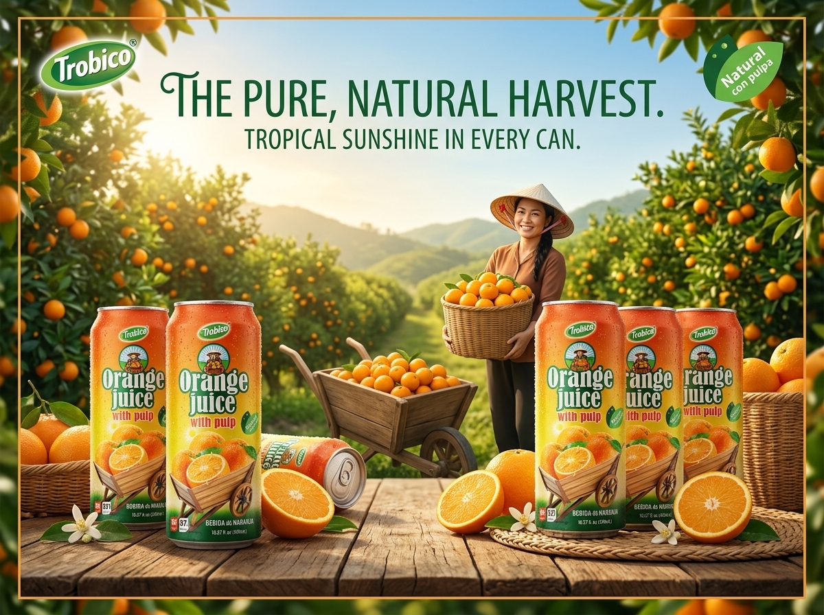 Poster featuring orange juice products with innovative packaging for global B2B markets