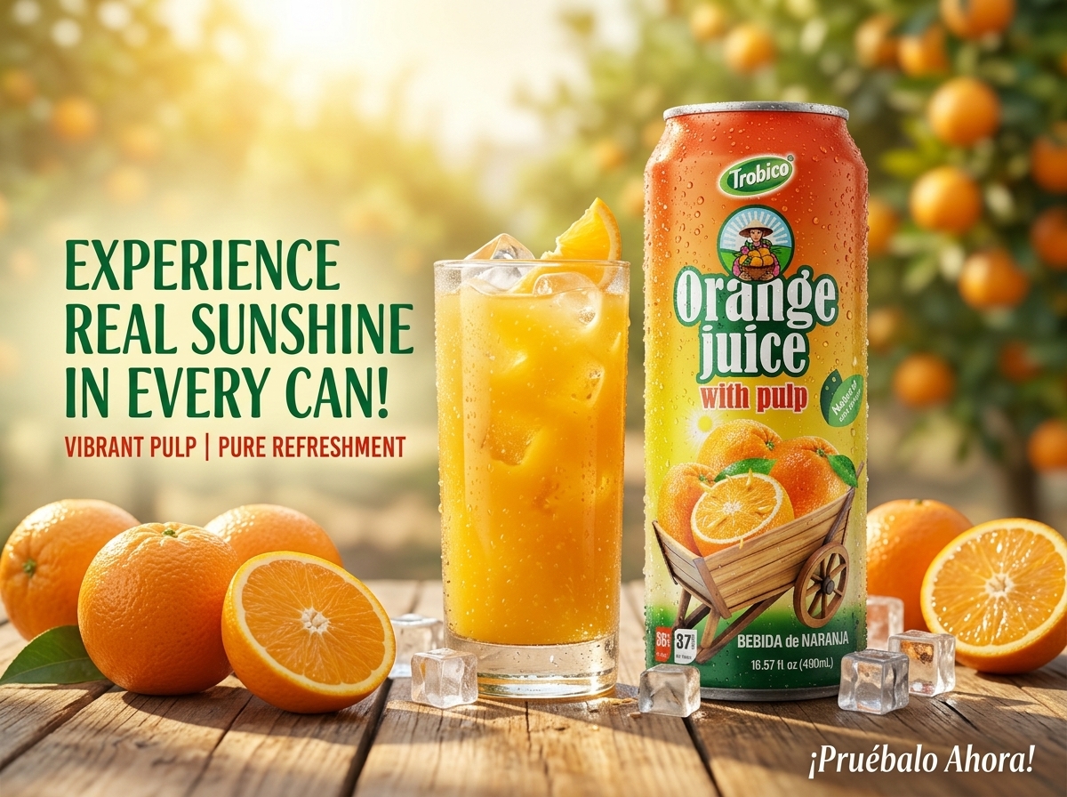 Poster showcasing premium canned juice products for global B2B distribution strategies