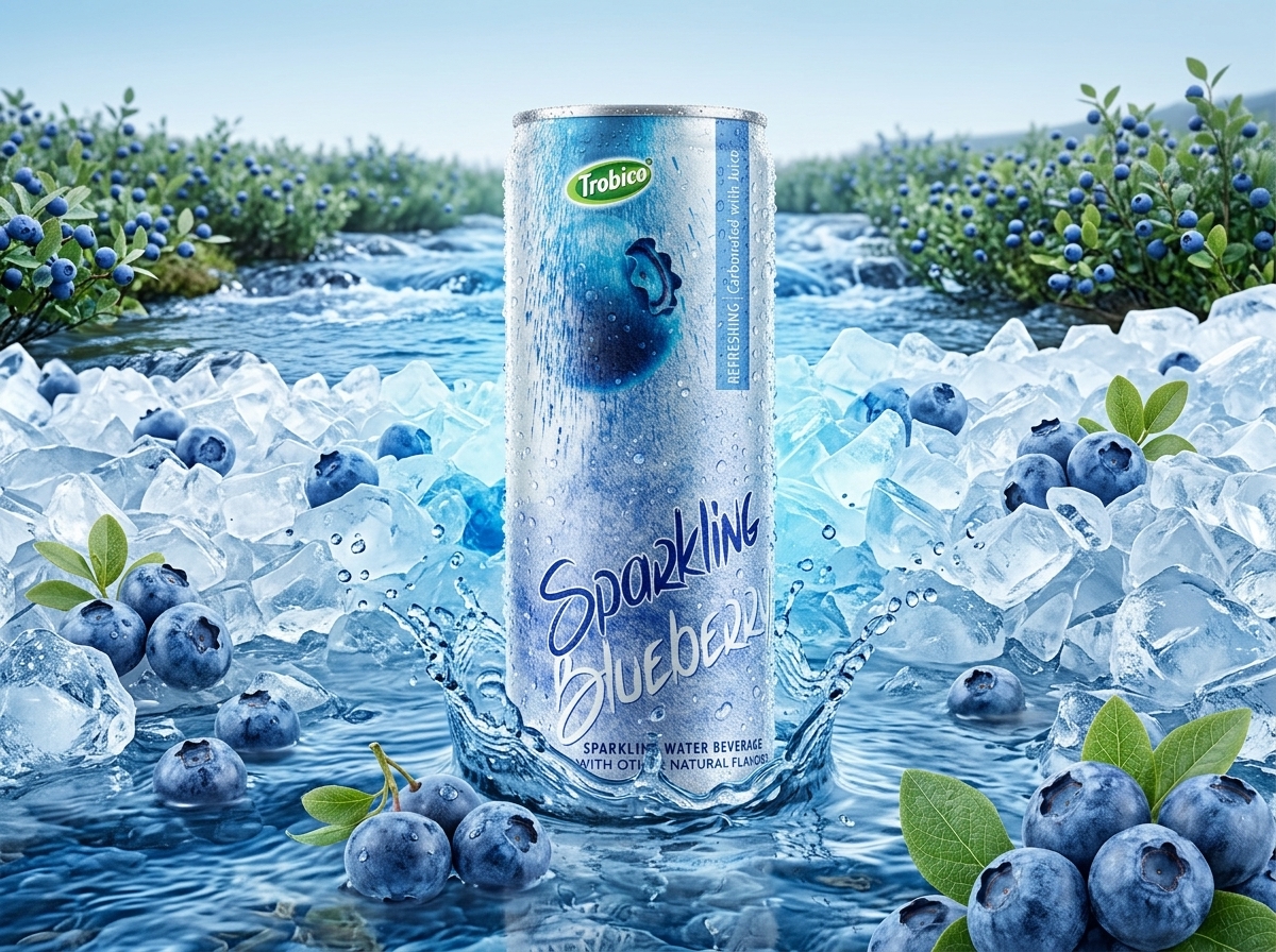 Poster showcasing sparkling water market expansion featuring sleek can packaging and citrus flavors for B2B beverage opportunities