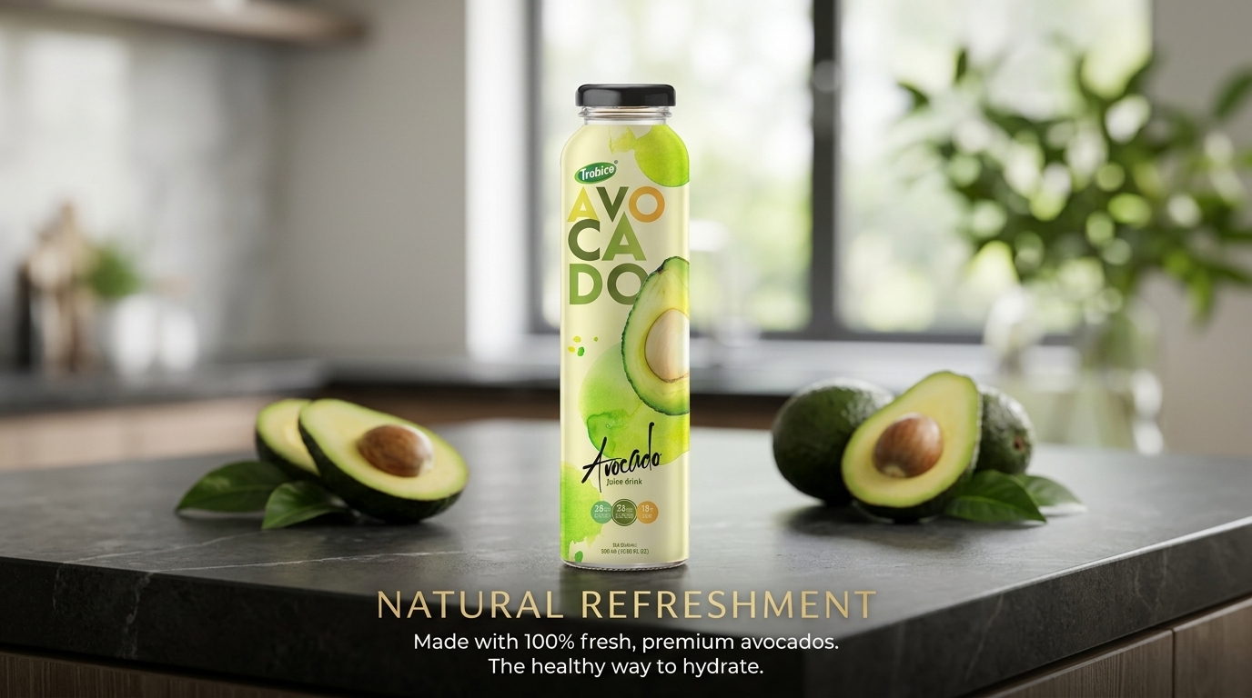Premium avocado juice in glass bottles